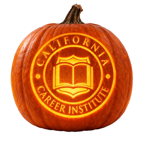 A jack-o'-lantern carved with the California Career Institute seal